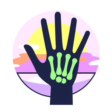 A silhouette of a hand against a sunset, with bones highlighted inside.