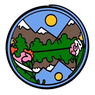 A colorful landscape viewed through a kaleidoscope, showcasing vibrant patterns and fragmented images of trees, mountains, and a bright blue sky. The scene is filled with swirling colors and geometric shapes that create multiple reflections of nature. The fragments capture elements like green foliage, blooming flowers, and the golden sun, all arranged in a mesmerizing, repeating design.