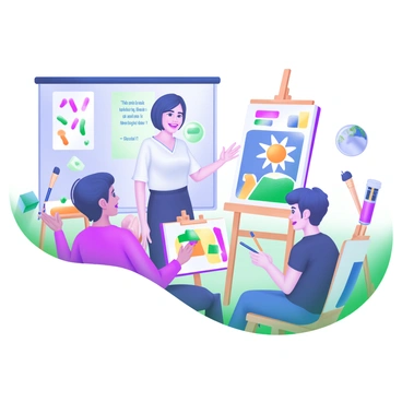 An illustration depicting a teacher standing at the front of a bright classroom, leading an art therapy session. The teacher, a woman with short hair, is smiling and gesturing towards a large canvas. In front of her, several students are sitting at their easels, each focused on their own artworks. One student is painting with vibrant colors, another is using pastels, and a third is drawing with markers. Each student is expressing different emotions through their art, with their canvases showing a range of colors and abstract shapes. The room is filled with art supplies like brushes, paint tubes, and colorful paper scattered around. A bulletin board in the background displays inspirational quotes and art pieces.