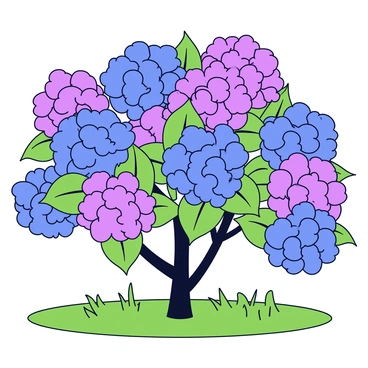 A large bush of hydrangeas with clusters of vibrant blue and purple flowers. The flowers are in full bloom, displaying their rounded shapes and lush petals. The hydrangea bush is situated in a backyard setting, with a green lawn surrounding it. There are a few scattered blades of grass at the base of the bush, and a clear blue sky is visible above.