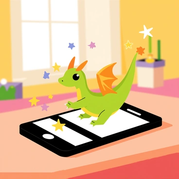 A smartphone with a black casing is placed flat on a wooden table. The screen displays a vibrant, animated scene of a small dragon with green scales and bright orange wings, flying out of the phone. Surrounding the dragon are colorful, floating sparkles and stars, illustrating the concept of augmented reality. The background shows a cozy room with a warm light illuminating the space, enhancing the magical atmosphere of the scene.
