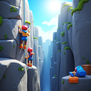 A group of adventurers wearing helmets and harnesses is using climbing gear and ropes to scale the rugged walls of a deep chasm. The chasm features jagged rock formations and steep cliffs, with patches of moss and small plants clinging to the surfaces. One adventurer is ascending the wall, while another is secured below, holding the rope. The sky above is clear with bright sunlight illuminating the scene, highlighting the texture of the rocky surfaces. A small ledge juts out from the wall, where a backpack and gear are placed.