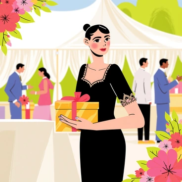 A wedding scene set outdoors with a beautiful floral arch in the background. A guest elegantly dressed in a form-fitting black dress stands to the side, with delicate lace detailing at the sleeves. She holds a small, decorative gift wrapped in shiny gold paper with a red ribbon. The sunlight casts a warm glow, highlighting the vibrant colors of the flowers around her. Guests are mingling in the background, and a white tent can be seen, adorned with flowing fabric and fairy lights.