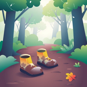 A pair of muddy boots is trekking along a dense forest path covered in rich, dark brown soil. The boots are caked with wet mud, leaving clear footprints behind. Surrounding the path are tall trees with thick trunks and lush, green foliage, creating a sense of depth in the forest. Wisps of mist weave through the trees, softening the light filtering down through the leaves. Ferns and small bushes grow alongside the path, adding texture to the scene. A few fallen leaves in shades of orange and yellow are scattered on the ground, contrasting with the muddy earth.
