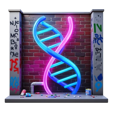 A piece of street art showcasing "glowing DNA strands" intertwined with "urban elements" such as "graffiti-covered brick walls," "metallic pipes," and "scattered paint cans." The DNA strands are depicted in vibrant colors that illuminate against the gritty background. The urban elements enhance the overall scene, adding texture and depth to the artwork. The composition brings together the organic structure of DNA with the raw aesthetics of the city, creating a striking visual contrast.