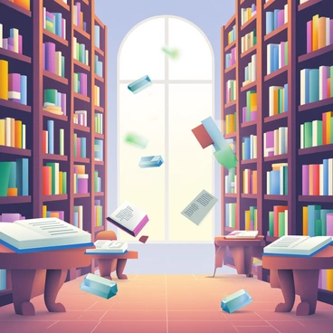 A vast library with tall shelves filled with books is depicted. The books are levitating in mid-air, arranged in intricate patterns. Glowing crystals of various sizes and colors are scattered throughout the library, casting multicolored light onto the wooden floor. In the background, a large arched window allows soft light to filter in, illuminating dust motes dancing in the air. The atmosphere is enriched by the presence of ornate wooden tables, each holding open books with illustrations and notes.