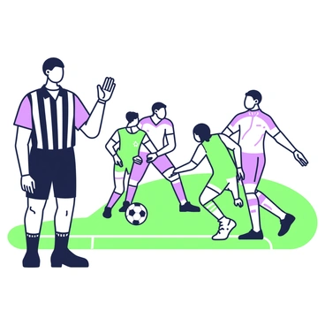 A referee in a black and white striped uniform is standing on the sidelines of a sports field, holding a whistle in one hand and making a gesture to signal a decision. The referee has a focused expression on their face, indicating the seriousness of the call. In the background, several players are engaged in a tense moment, with one player attempting to gain possession of the ball while another is defending. The players are wearing colorful uniforms, and their postures reflect high intensity and concentration. The scene captures the dynamic movement of the game, with the referee as the central figure.