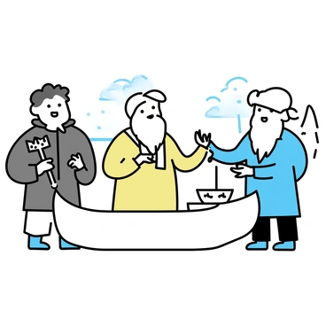 A group of three Inuit elders standing around a newly crafted canoe. The first elder, wearing a traditional fur parka, holds a small wooden staff adorned with intricate carvings. The second elder, with a long white beard and a patterned scarf, stands with arms raised as if offering a blessing. The third elder, with a weathered face, is pouring a small amount of water from a carved wooden bowl onto the canoe. The canoe is resting on a snowy ground, its surface glistening in the soft light. In the background, there are snow-covered trees and a gentle, cloudy sky.