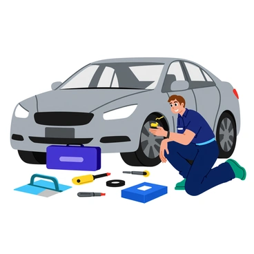 A technician crouches beside a car, focused on installing a sleek security system. He is wearing a navy blue uniform with a name tag. The car is a modern sedan with shiny silver paint. Tools are scattered on the ground nearby, including a screwdriver, wire strippers, and a small toolbox. The technician has short brown hair and is holding a small electronic device, carefully connecting wires under the dashboard. The sun is shining, casting a warm glow on the scene.