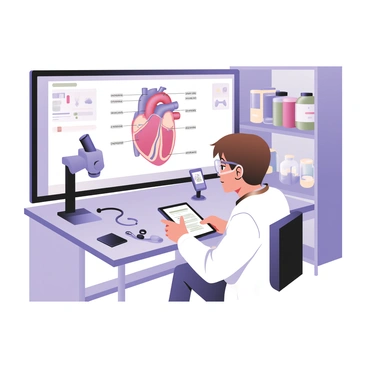 A digital flat illustration depicting a large screen in a modern laboratory displaying a detailed medical illustration. The screen shows an anatomical diagram of a human heart with labeled parts such as the aorta, atria, and ventricles. In front of the screen, a lab table is equipped with various medical tools, including a stethoscope, a microscope, and a digital tablet. A researcher with short brown hair, wearing a white lab coat and safety goggles, is focused on the screen, taking notes on the tablet. The background features shelves filled with medical books and glass containers with specimens. The lab is well-lit, highlighting the high-tech atmosphere.