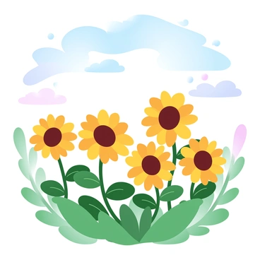 A bright field filled with tall sunflowers, their large yellow heads facing towards the sun. The sunflowers are surrounded by lush green leaves, creating a vivid contrast against the vibrant yellow petals. Above, a clear sky stretches out with soft, fluffy clouds gently scattered throughout. The sunlight casts a warm glow over the entire scene, enhancing the colors of the sunflowers and the greenery.