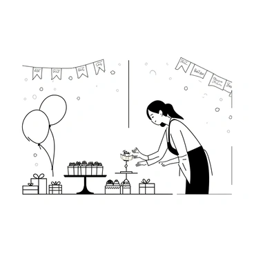 An event planner is arranging a baby shower in a large, open room. She is setting up a dessert table adorned with various treats, including cupcakes and a large cake, all placed on elegant stands. Surrounding the table are carefully wrapped gifts with decorative bows. The walls are adorned with pastel decorations, featuring balloons, streamers, and banners that read "Welcome Baby." The planner, wearing an apron, is adjusting a small centerpiece on the table, adding the finishing touch to the cheerful atmosphere of the event.