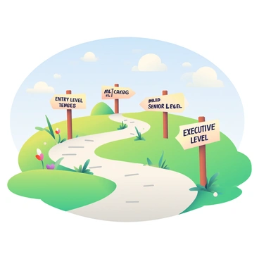 A winding pathway is seen stretching through a vibrant landscape, flanked by lush green grass and colorful flowers. Along the pathway, several wooden signposts are positioned at intervals, each one indicating a different career progression stage. The signposts are labeled with phrases such as "Entry Level," "Mid Level," "Senior Level," and "Executive Level," each written in bold, clear lettering. The sky above is a soft blue, dotted with fluffy white clouds, creating a bright and inviting atmosphere. The pathway is well-trodden, suggesting frequent use, and the surrounding greenery adds a sense of growth and opportunity.