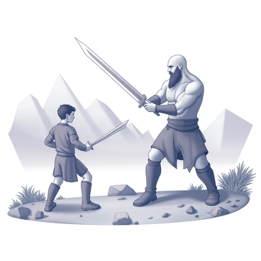 Kratos and Atreus are engaged in a combat training session outdoors. Kratos stands in a powerful stance, demonstrating a sword technique, his muscular physique highlighted against the rugged landscape. Atreus, positioned a short distance away, watches intently, holding a wooden practice sword, ready to mimic his father's movements. The terrain is rocky and uneven, with sparse vegetation surrounding them. In the background, jagged mountains rise into the sky, creating a dramatic atmosphere. The bond between father and son is evident as Kratos offers guidance, his expression focused and serious, while Atreus shows determination and eagerness to learn.