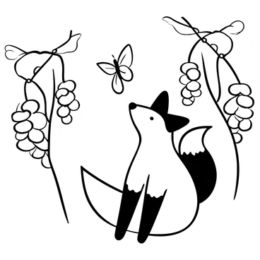 A fox sitting on its haunches, looking intently at a butterfly hovering nearby. The fox has thick fur and a bushy tail. In the background, grapevines are depicted with clusters of grapes hanging down. The setting is tranquil and the overall composition emphasizes the interaction between the fox and the butterfly.