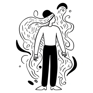 A woman with long, flowing hair that forms intricate swirling patterns cascading down her back. The hair has a dynamic quality, creating a sense of movement and rhythm. She is standing upright, her arms gracefully positioned at her sides. Surrounding her is a series of abstract shapes that echo the fluidity of her hair, enhancing the overall composition. The background features a gentle, textured gradient that adds depth to the illustration.