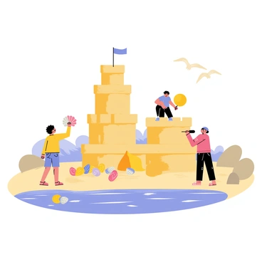 A group of children are building a sandcastle next to a clear blue rock pool. The sandcastle is tall and intricate, adorned with colorful shells and smooth pebbles. One child is placing a large conch shell on top as a flag, while another is carefully arranging smaller shells around the base. The rock pool reflects the sunlight, creating shimmering patterns on the sand. In the background, gentle waves lap against the rocks, and a few seagulls can be seen flying overhead.