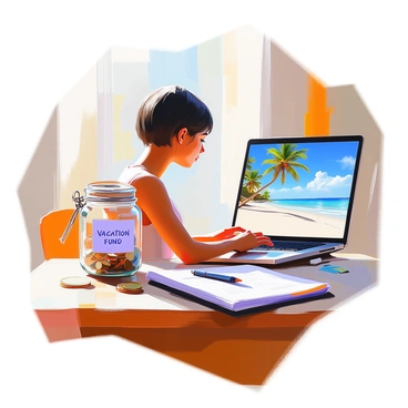 A person with medium skin tone and short black hair sits at a wooden desk, intently looking at a laptop screen displaying a beautiful beach with crystal-clear waters and palm trees. In the foreground, there is a glass jar labeled "Vacation Fund" filled with various coins and bills. Soft natural light filters through a nearby window, creating a warm ambiance in the room. The desk is tidy, with a small notebook and a pen resting beside the laptop, suggesting plans are being made for an upcoming trip.