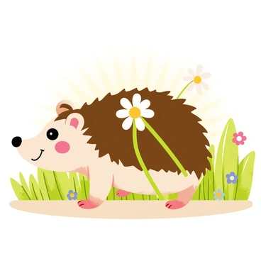 A small hedgehog with brown spines is carrying a delicate white daisy on its back. The hedgehog is strolling through lush green grass, which has small colorful flowers scattered throughout. Sunlight filters down, creating a warm atmosphere around the scene. The hedgehog's tiny feet leave gentle impressions in the soft earth as it moves.
