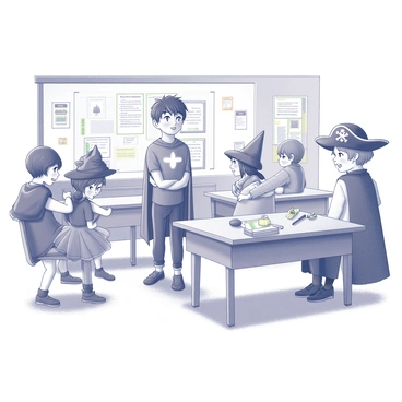 A lively classroom filled with various educational displays and colorful decorations. A child is seen wearing different costumes, each representing a different character. The child stands in the center, with a superhero cape draped over one shoulder, while a pirate hat is perched on their head. Nearby, a small table is cluttered with accessories, including a wizard's wand and a fairy tutu. Other children can be seen in the background, engaged in similar role-play, some wearing hats and masks, surrounded by a sense of excitement and creativity. The room is filled with laughter and animated expressions as each child immerses themselves in their chosen character.