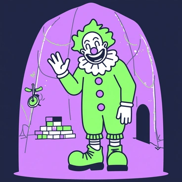 A creepy clown with exaggerated features is positioned in the shadows of a circus tent. The clown has a wide, unsettling grin and oversized shoes. Its hair is wild and disheveled. The tent's interior is dimly lit, creating a sense of foreboding. In the background, faint outlines of circus props, such as a unicycle and a stack of colorful boxes, are barely visible. The atmosphere is tense, heightening the sense of unease as the clown peers from the darkness.