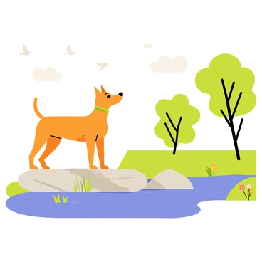 A brown dog standing on a large gray rock beside a gently flowing blue river. The dog has its ears perked up and its tail wagging as it watches several small white birds soaring through the sky. The river is surrounded by green grass and a few colorful wildflowers, while trees with lush, green leaves frame the scene in the background. The sky is clear with a few fluffy white clouds drifting lazily.