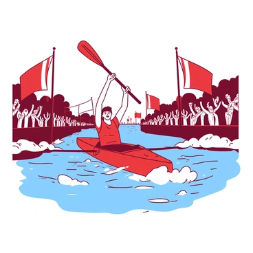 A red canoeist with a determined expression is raising their paddle high in the air in triumph as they cross the finish line. The canoe is gliding through the water, creating small waves around it. The finish line is marked with two large banners flapping gently in the breeze, one on each side of the waterway. In the background, there are cheering spectators along the riverbank, some waving flags. Sunlight reflects off the water, highlighting the excitement of the moment.