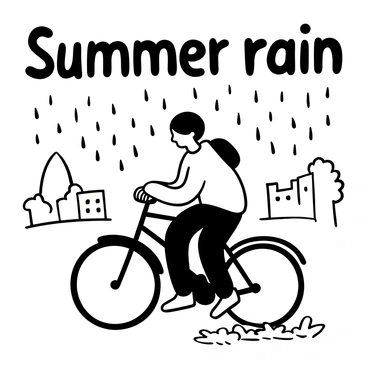 A person wearing a raincoat riding a black bike with a determined posture. Raindrops are falling heavily around them, creating splashes on the ground. The bike's wheels are kicking up small puddles of water. In the background, there are blurred outlines of trees and buildings, suggesting a summer storm. The person is leaning forward, showing the urgency to escape the rain. "Summer rain" is written in bold letters above the scene, adding context.