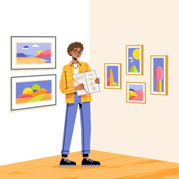 An artist stands in a quiet corner of a gallery, focused on sketching in a notebook. The artist has curly brown hair and wears glasses, dressed in a colorful plaid shirt. Around the artist, various illustrations are displayed on the walls, showcasing vibrant landscapes and abstract designs. The gallery has wooden flooring and soft lighting, creating a warm atmosphere. The artist's sketchbook is open, and they are capturing the essence of the illustrations around them with pencil strokes.