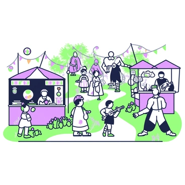 A lively Renaissance fair set with performers in elaborate costumes and stalls selling crafts