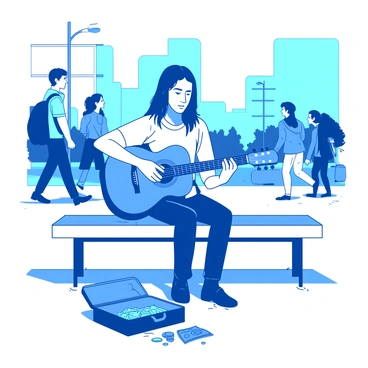 A street musician playing guitar while sitting on a city bench