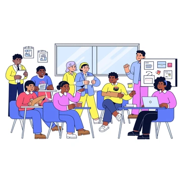 An adult education classroom filled with diverse learners. The room features several desks arranged in a semi-circle. In the foreground, a Black woman is engaged in a discussion with a Hispanic man, both focused on a laptop. To the side, an Asian woman is taking notes while a Caucasian man points at a whiteboard filled with diagrams. The walls are adorned with posters of various educational topics. A large window allows natural light to illuminate the space, creating a warm and inviting atmosphere.