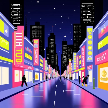 A bustling city street at night filled with vibrant illustrated neon signs. The signs are in various colors, including bright pinks, blues, and greens, each with distinct designs showcasing businesses and advertisements. The street is illuminated by the glow of these neon lights, casting a colorful reflection on the pavement. Above the street, whimsical lights appear to dance in the air, creating a dynamic atmosphere. Skyscrapers loom in the background, their windows sparkling with light.