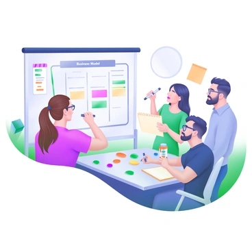 A modern pastel illustration depicting a group of four professionals engaged in a creative workshop. Two individuals, a woman and a man, are using colorful markers to fill in a large business model canvas mounted on a whiteboard. The woman has long brown hair tied back in a ponytail, while the man is wearing glasses and a blue shirt. A third person, a woman with a short haircut, is standing beside them, observing and jotting down notes in a notebook. The fourth individual, a man with a beard, is leaning against a table covered with additional markers and sticky notes, offering input. The vibrant atmosphere is emphasized by the soft pastel colors of the workspace and the various markers used in the activity.