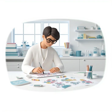An illustrator, wearing a white lab coat and glasses, is seated at a clean, bright workstation in a research lab. The illustrator is focused on drawing vibrant and detailed scientific diagrams on a large piece of paper. Various colored pens and pencils are scattered around the workspace. Behind the illustrator, there are shelves filled with scientific books, glassware, and equipment. A large window lets in natural light, illuminating the creative process. The diagrams feature intricate illustrations of molecules, cells, and various scientific concepts, showcasing the illustrator's artistic talent and scientific knowledge.