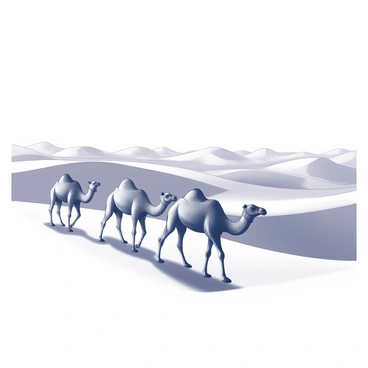 A caravan of camels walking across expansive desert dunes. Several camels are positioned in a line, their humps rising and falling rhythmically as they traverse the sandy landscape. The dunes are tall and rolling, with soft curves and sharp peaks that create a sense of vastness. In the background, faint outlines of distant dunes can be seen, blending into the horizon. The shadows cast by the camels and the dunes create a contrast against the sandy ground. The sky above is clear, contributing to the feeling of openness in the desert environment.