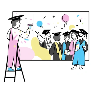 An artist painting a large mural featuring graduates wearing caps