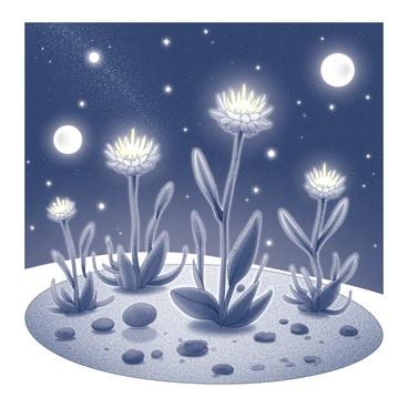 A garden filled with various celestial plants. The plants have unique, otherworldly shapes and textures, including tall, slender stems and glowing flowers. Each plant exhibits intricate details, such as spiraled leaves and luminous petals. The scene is set under a starry sky, where countless stars are shining brightly against the dark background. There are large, circular moons visible, adding to the celestial atmosphere of the garden. The ground is a textured surface, dotted with small rocks and patches of soft soil, complementing the otherworldly theme of the plants.