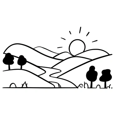 A black-and-white illustration of rolling hills undulating across the horizon. A wide river meanders through the landscape, reflecting the light of a large setting sun positioned low in the sky. The riverbanks are lined with simple trees and grasses, adding texture to the scene. The sun is depicted as a large circle, with rays extending outward, creating a sense of warmth in the otherwise monochrome setting.