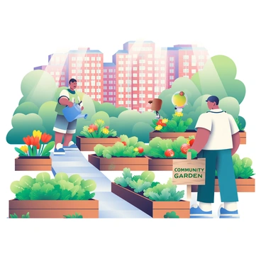 A vibrant community garden is bustling within an urban neighborhood. The garden features a variety of colorful flowers, including bright red tulips and yellow daisies, growing alongside leafy green vegetables such as kale and lettuce. Several wooden raised garden beds create organized rows, while a small stone pathway winds through the space. In the background, a few brick apartment buildings stand tall, and a couple of people are seen tending to the plants, one watering flowers with a blue watering can and the other harvesting tomatoes. Sunlight filters through the lush greenery, casting soft shadows on the ground. A wooden sign, painted with the words "Community Garden," is placed at the entrance of the garden.