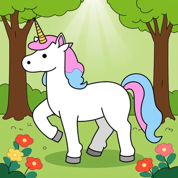 A playful unicorn with a white coat stands in a lush green forest. The unicorn's mane is a blend of pastel colors, including pink, blue, and purple, flowing elegantly behind it. Its horn is long and spiraled, shimmering with a bright golden glow. Surrounding the unicorn are tall trees with bright green leaves, and colorful flowers bloom at its feet in various shades of red, yellow, and blue. Rays of soft light filter through the tree branches, creating a whimsical atmosphere in the magical forest.