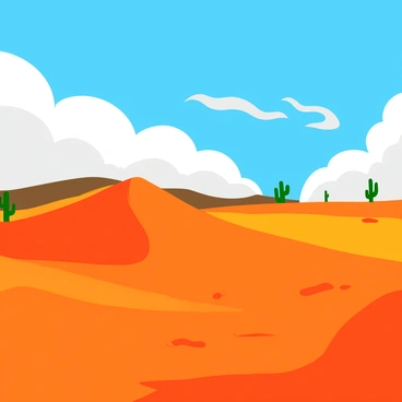 A desert landscape featuring large, rolling sand dunes that appear to be illuminated with bright orange and red flames. The dunes are sharply defined against a vibrant blue sky filled with fluffy white clouds. Wisps of smoke curl upwards from the tips of the dunes, emphasizing the fiery effect. The sand has textures that glisten under the sunlight, creating an illusion of warmth. In the distance, a few scattered cacti stand silhouetted against the bright colors, adding contrast to the scene.