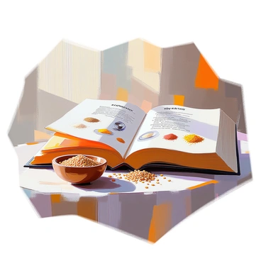 An open ancient recipe book is displayed on a wooden table, with its aged, yellowing pages slightly curled at the edges. The book features detailed illustrations of mustard seeds scattered throughout the pages, with some pages showing the seeds in different stages of preparation, such as being crushed or mixed with other ingredients. The illustrations are rendered in a classic style, with intricate line work and soft color tones. Nearby, a small wooden bowl holds a pile of mustard seeds, complementing the theme of the book. The setting has a warm, inviting atmosphere, enhanced by soft natural light filtering through a nearby window.