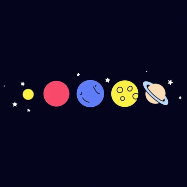 A series of planets including a vibrant red planet, a blue gas giant, and a yellow rocky planet, are positioned in a straight line against a deep black background. Each planet is depicted with distinct colors and textures, showcasing their unique characteristics. Surrounding these planets, small white stars twinkle, some are larger and brighter than others. The alignment of the planets and stars creates a clear sense of order and balance in the celestial scene.