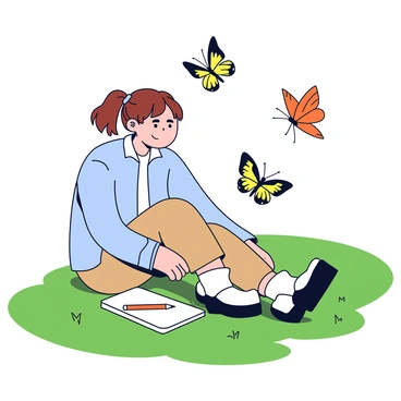 A researcher sitting on a green grassy meadow. The researcher has brown hair tied back in a ponytail and wears a light blue shirt and khaki shorts. They are focused on observing a variety of butterflies fluttering around. The butterflies display different colors, with some having bright orange wings and others showcasing vibrant yellow and black patterns. Beside the researcher is a small notebook open, with a pencil resting on top of the pages. The sun shines down, casting soft shadows in the meadow.