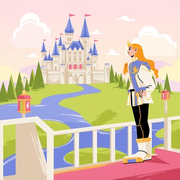 An anime prince standing on a balcony, gazing out over a sprawling fantasy castle. The prince has long flowing hair, dressed in an ornate royal outfit with intricate details. The castle features tall spires and colorful banners fluttering in the wind, surrounded by lush green forests and a sparkling blue river. The sky is painted with soft pastel colors, indicating a beautiful sunset. The prince's expression is thoughtful and serene as he admires the majestic view before him.