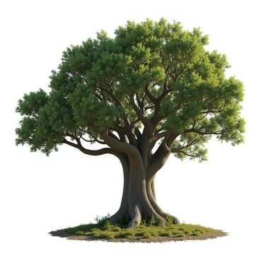 An ancient oak tree with a wide, twisted trunk that showcases its age and strength. The bark is rough and deeply furrowed, displaying various shades of brown and gray. Its sprawling branches stretch outwards and upwards, adorned with a thick canopy of vibrant green leaves that filter the sunlight. The ground around the tree is covered in a mix of fallen leaves, small plants, and patches of soft moss, creating a natural carpet in the forest. Sunlight filters through the leaves, casting dappled shadows on the forest floor.