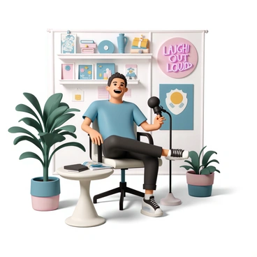 A comedian, wearing a casual blue t-shirt and black jeans, is seated in a modern chair in a home studio. He has a microphone in front of him and is laughing, capturing an engaging moment during the recording of a comedy podcast. The studio is filled with quirky decor, including colorful posters on the walls, an eclectic mix of vintage items on shelves, and a neon sign that reads "Laugh Out Loud." A large potted plant sits in one corner, adding a touch of greenery to the vibrant atmosphere. A laptop is open on a small table nearby, with notes and a cup of coffee next to it.
