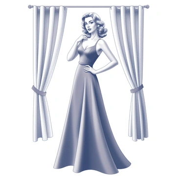 A glamorous Hollywood actress from the 1950s is posing for a photo shoot. She wears a elegant gown that features a fitted bodice and a full, flowing skirt, which cascades gracefully around her. Her hair is styled in soft, voluminous waves that frame her face beautifully. The actress stands confidently, with one hand placed on her hip and the other gently touching her neck. She gazes directly at the camera with a captivating expression. The backdrop consists of a simple curtain arrangement, enhancing the focus on her poised figure. The lighting casts soft shadows that accentuate her features.