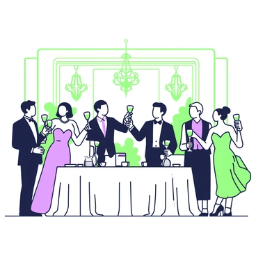 A formal event is taking place in a spacious room adorned with elegant decorations. Groups of guests are gathered, each person dressed in sophisticated attire. Some men are wearing tailored suits, while women don flowing evening gowns. Each guest is holding a coupe glass filled with champagne, raising them slightly as they engage in conversation. In the background, there are intricate chandeliers hanging from the ceiling, casting soft light over the scene. Tables are elegantly set with white tablecloths and fine tableware, completing the refined atmosphere of the event.